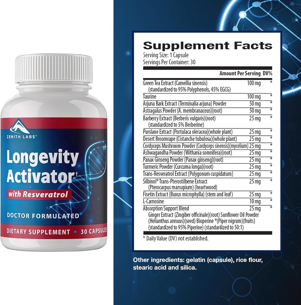 Zenith Labs Longevity Activator Anti-Aging Supplement Diyetary Supplement, Natural Antioksis with Resveratrol - Supports Immune Function and Health Memory, 3 Pack