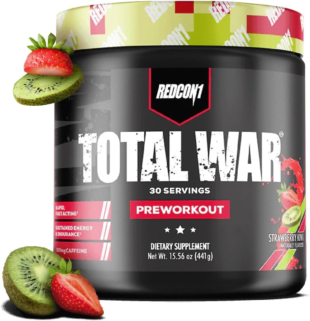 REDCON1 Total War Pre Workout, Strawberry Kiwi - L Citrulline, Malic Acid, Green Tea Leaf Extract for Pump Boosting Pre Workout for Women & Men - 3.2g Beta Alanine to Reduce E scrapion (30 hizmet)