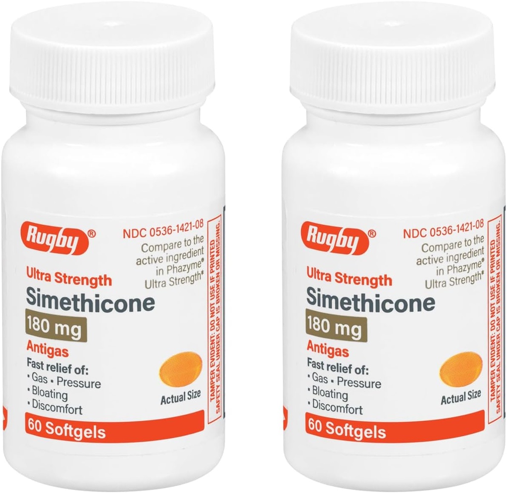 Rugby Ultra Strength Simethicone Gas Relief 180 mg - Yetişkinler için maksimum Gaz Yardımı - Flatulence, Bloating, Gas Fullness - 60 Softgels (2 Pack)