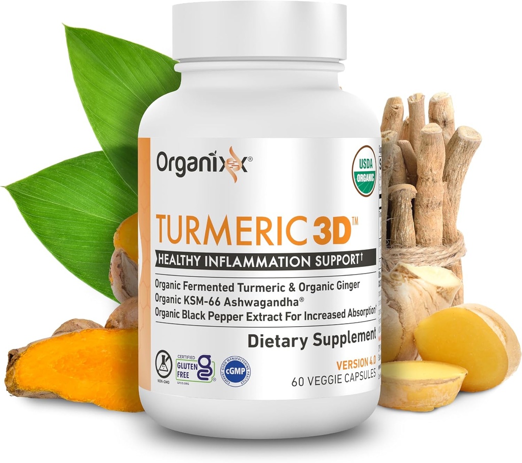 Organixx USDA Βιολογικό συμπλήρωμα κουρκουμίνης με Ashwagandha, Turmeric & Ginger – Ανοσοποιητική & Κοινή Υποστήριξη, Ζυμωμένη για μέγιστη βιοδιαθεσιμότητα, 60 κάψουλες χορτοφάγων