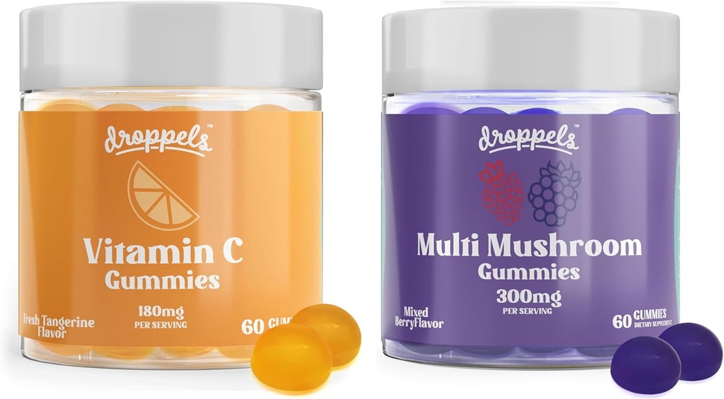 Droppels Multi Mushroom & Vitamin C Gummies Sche | Vegan Immune Support Supplement | Mushroom Extracts with Reishi, Lion's Mane, Chaga & More + 180mg Vitamin C | karma Berries & Tangerine Flavors, 2