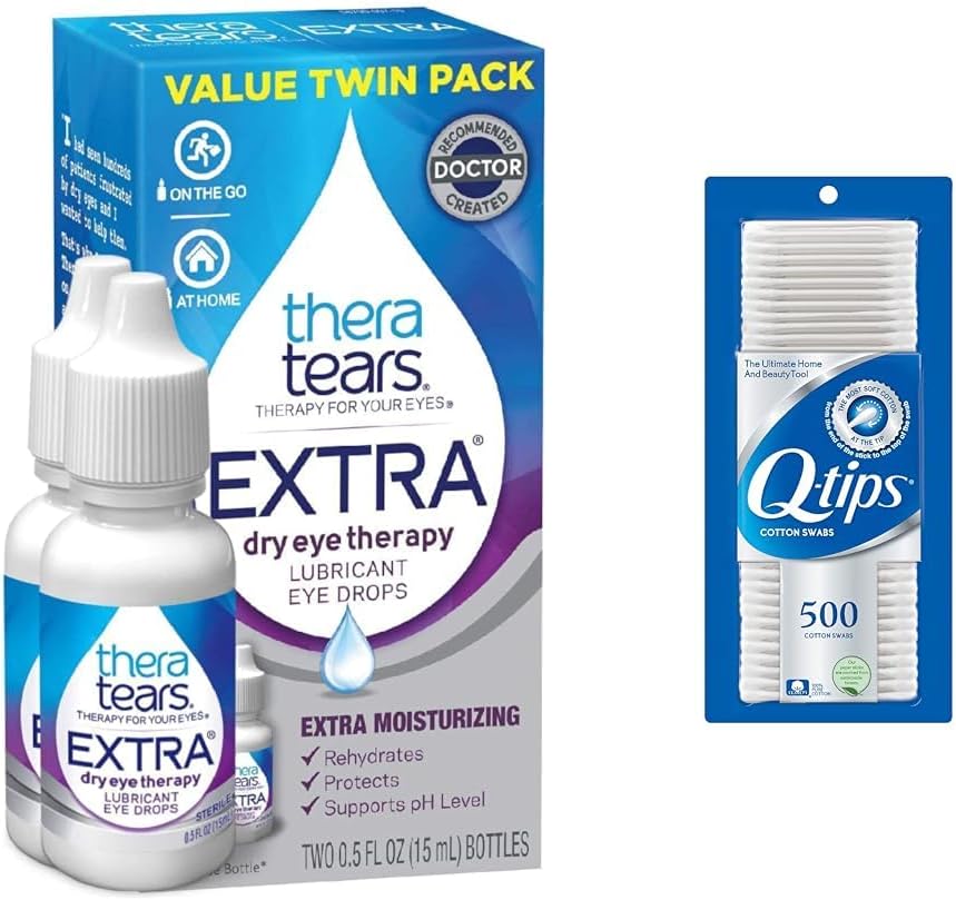 TheraTears Extra Kuru Eye Drops 0,5 fl oz 2 Kont with Q-Tips 100% Cotton Swabs 500 Count