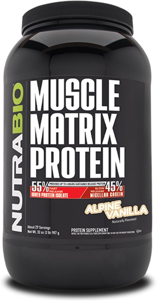 NutraBio Kas Matrix Protein Toz - Protein Per Scoop 25g - Whey Isolate ve Micellar Casein Combo Hızlı ve Yavaş Yayın için - Vanilla - 2 Pounds, 28 Servisler