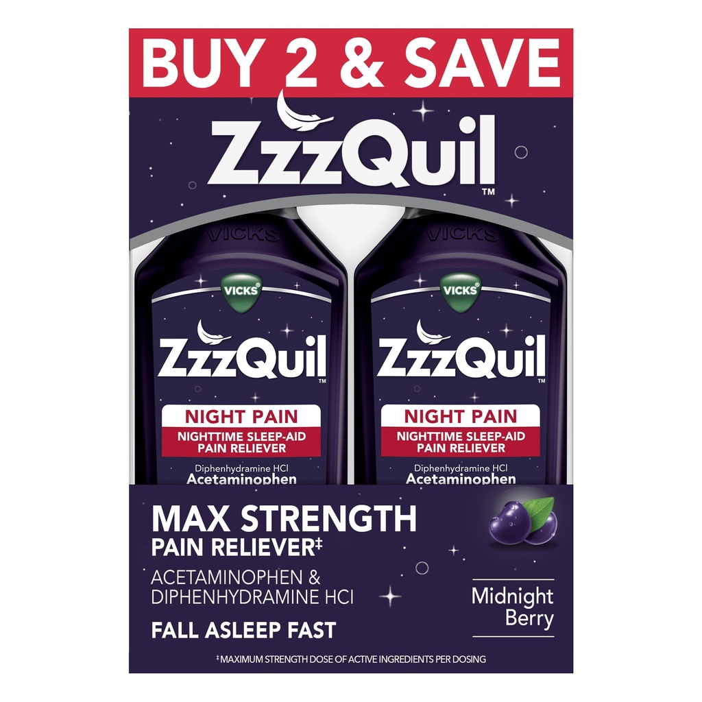 ZzzQuil Liquid, Max Strength Pain Reliever, Nighttime Sleep Aid Liquid, Acetaminophen 1000 mg, Diphenhydramine 50 mg HCI, Non-Habit Form, Midnight Berry Flavored, 2 Pack, 24 FL OZ