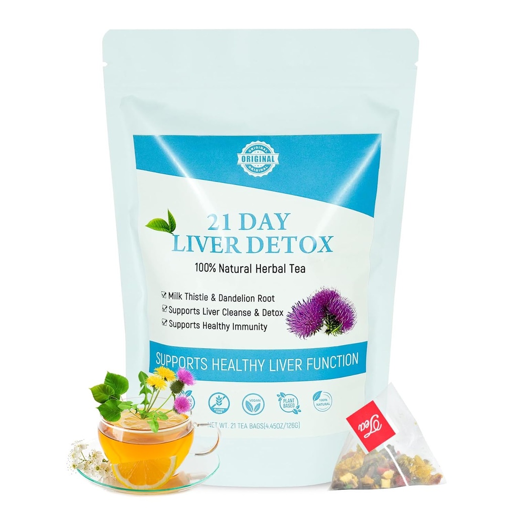 Laicuherb Milk Thistle Liver Detox Tea for Digestion and Immunity, Natural 21 Day Liver Cleanse Herbal Tea for Liver Cleansing & Stomach Care, Caffeine Free, 21 Teabags