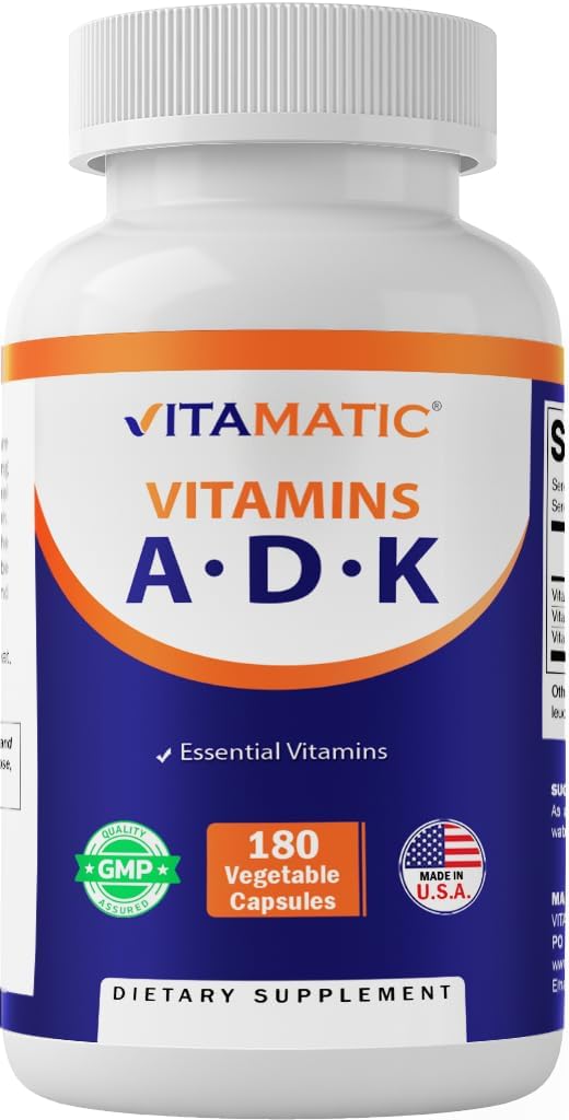 Vitamatic ADK Vitamin Supplement, 180 κάψουλες λαχανικών, Βιταμίνες υψηλής ισχύος Α, D3, K2 για την υγεία των οστών, Απορρόφηση ασβεστίου, Μη ΓΤΟ, Χωρίς γλουτένη
