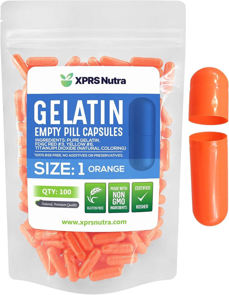 XPRS Nutra Boyutu 1 Boş Kapsüller - 100 Kont Boş Gelatin Capsules - Pill DIY Capsule - Pure Bovine Pill Gel Caps For Do-It- Yourself Supplements (Orange)