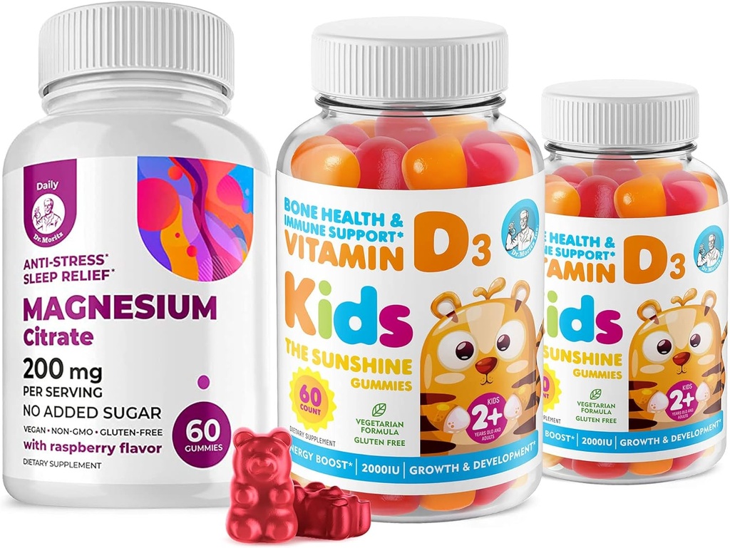 Çocuklar için D Gummies &Adults 2000 IU ve Magnezyum Gummies - Sağlıklı Vitamin D3 Supplements 1000IU - Vejetary Gelatin-Free Immune Support with Sugar-Free Magnezyum Calm Chews for Kids&Adults