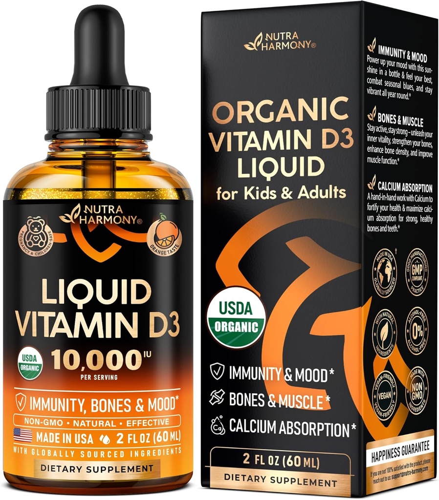 USDA Organic Vitamin D3 10000iu - Βιταμίνη D Σταγόνες για Βρέφη, Παιδιά & Ενήλικες, Εγκυμοσύνη & Παιδιά Ασφαλές - ανοσοποιητικό σύστημα, διάθεση, υγεία των οστών & μυϊκή υποστήριξη - Φυσική γεύση πορτοκαλιού - 2 fl oz, 60 ml