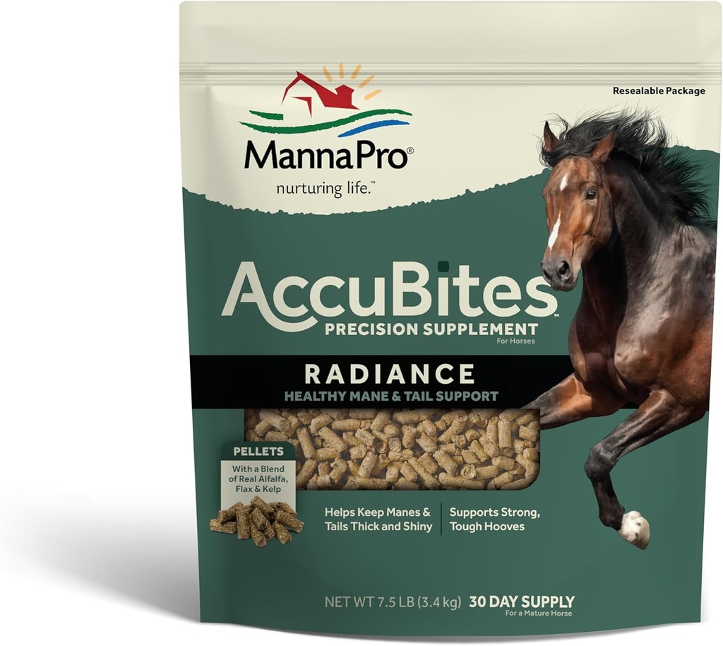 Manna Pro AccuBites Radiance Equine Supplement – Skin & Coat, Essential Vitamins & Hoof Health for Horses – Omega 3, 6, & Biotin – Main & Tail Bakım – Alfalfa Flavored – 7.5 lbs