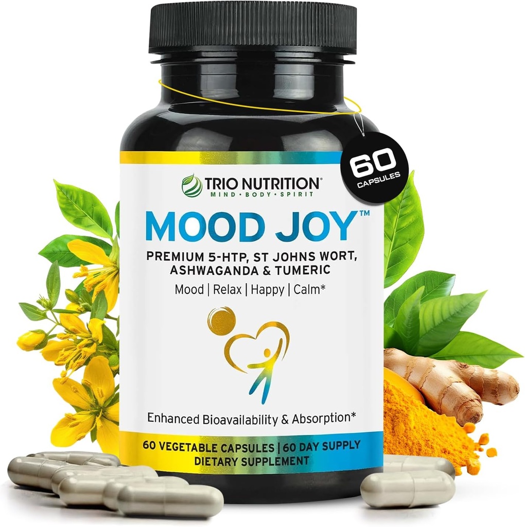 Trio Mood Joy | Premium 5-HTP, St Johns Wort, Ashwagandha & Turmeric | Ashwagandha Capsules Natural Calm & Relaxed Mood | Mood Support Supplement | 60 Day Supply*
