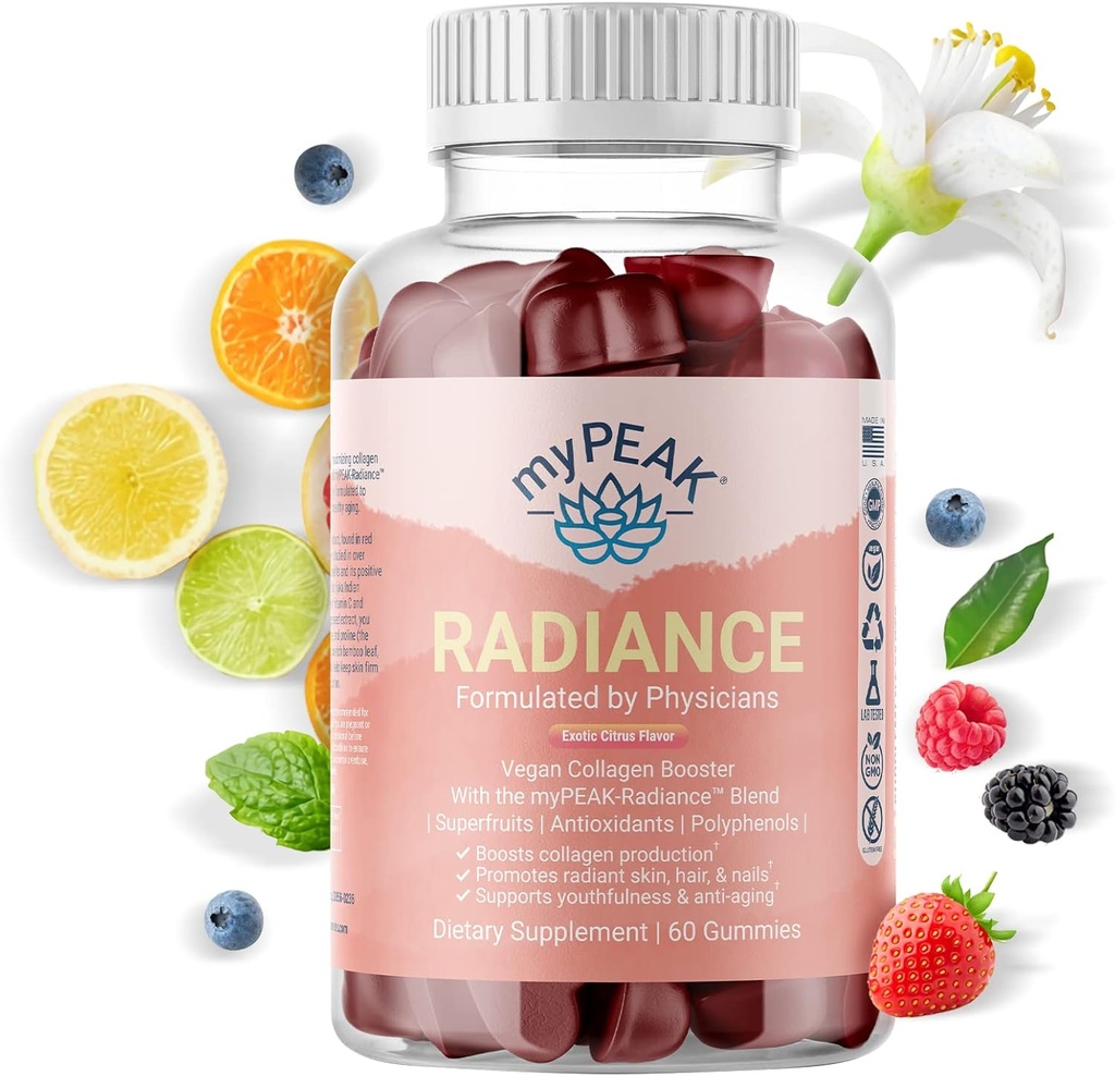 myPEAK Radiance Vegan Collagen Booster και Superfruit Gummies, Συμπληρώματα Collagen με Superfruits και Δερμάτινα Ενισχυτικά θρεπτικά συστατικά, δέρμα μαλλιών και νύχια Βιταμίνες για την ομορφιά, 60 Gummies