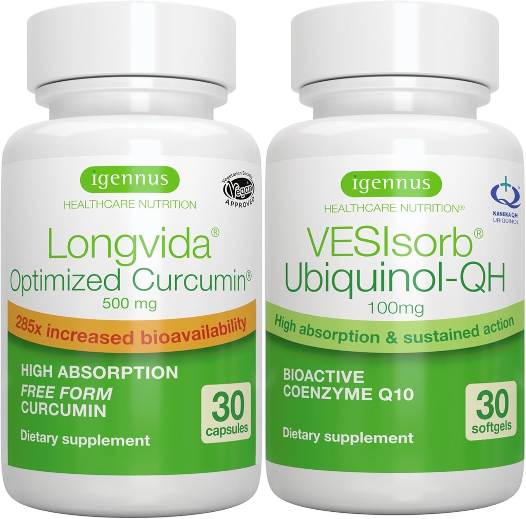 Longvida Curcumin 500 mg + VESIsorb Ubiquinol-QH Advanced CoQ10 100 mg Sche, Ultra Bio available Curcumin with Bio available & Fast-Acting Ubiol, by Igennus