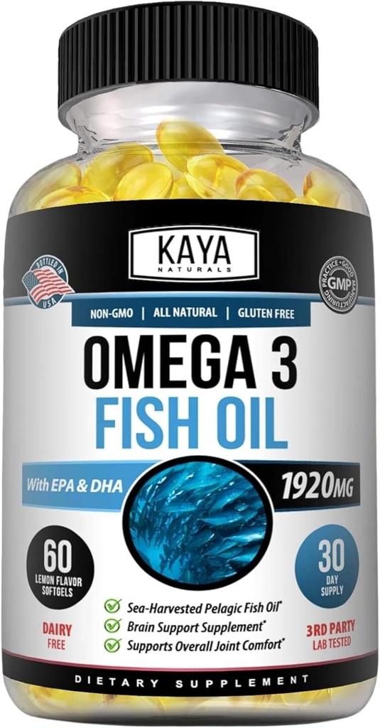 Kaya Naturals Ωμέγα 3 συμπλήρωμα - Φτιαγμένο Ωμέγα 3 ιχθυέλαιο - 100% καθαρό πελαγικό ιχθυέλαιο με γεύσεις χωρίς ψάρια - 60 κόμης Softgels
