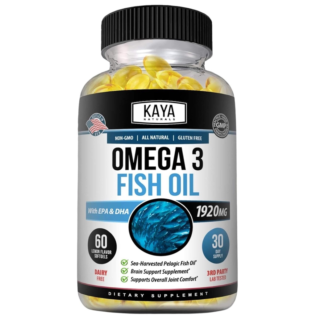Kaya Naturals Ωμέγα 3 συμπλήρωμα - Φτιαγμένο Ωμέγα 3 ιχθυέλαιο - 100% καθαρό πελαγικό ιχθυέλαιο με γεύσεις χωρίς ψάρια - 60 κόμης Softgels