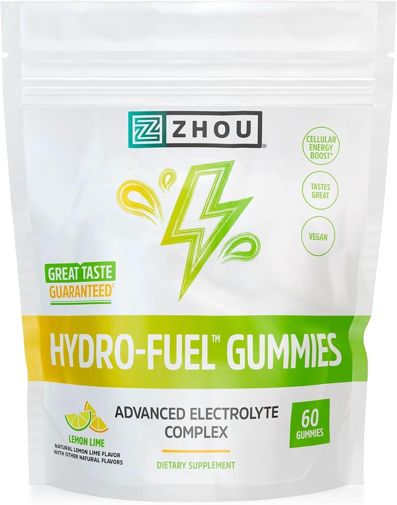 Zhou Hydro-Fuel Gummies - Electrolyte Gummy, Hydration Salt Chews with sodyum, Pyum & Magnezyum Chewables, Energy & Endurance for Women & Men - Lemon Lime, 60 Veggie Gummies