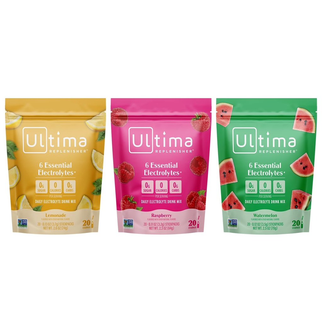 Ultima Replenisher Electrolyte Toz İçecek Mix Sche – Sugar Free – Lemonade ve Raspberry ve Watermelon, 20 Stickpacks – 6 Electrolytes and Minerals – Keto Friendly, Vegan, Non-GMOMO