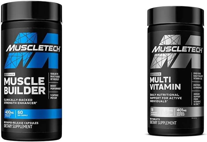MuscleTech Muscle Builder with 400 mg Peak ATP and Platinum Multivitamin with Bolt Support Matrix and Vitamin C - Muscle Building and Immune Support Supplement Sche for Men and Women
