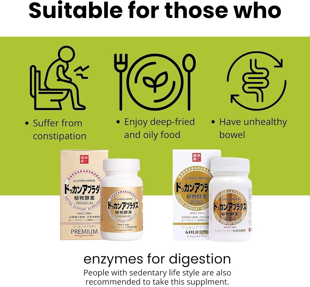 Doğal Digestive Enzymes & Herbal Digestive Enzymes Fiber Supplement for Women, 39 Plant & 7 Herbal Mixs for Energy & Metabolism Support, Gold 150 Tablet, Japonya, 2 EA