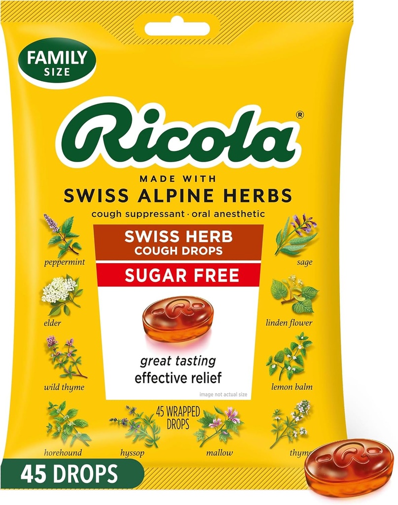 Ricola Sugar Free Swiss Herb Cough Drops, 45 Kont, Cough Suppressant & Throat Relieving Drops with Natural Sourced Menthol, Pleasing Taste for Coughs & Throat Irritation Symptom Relief