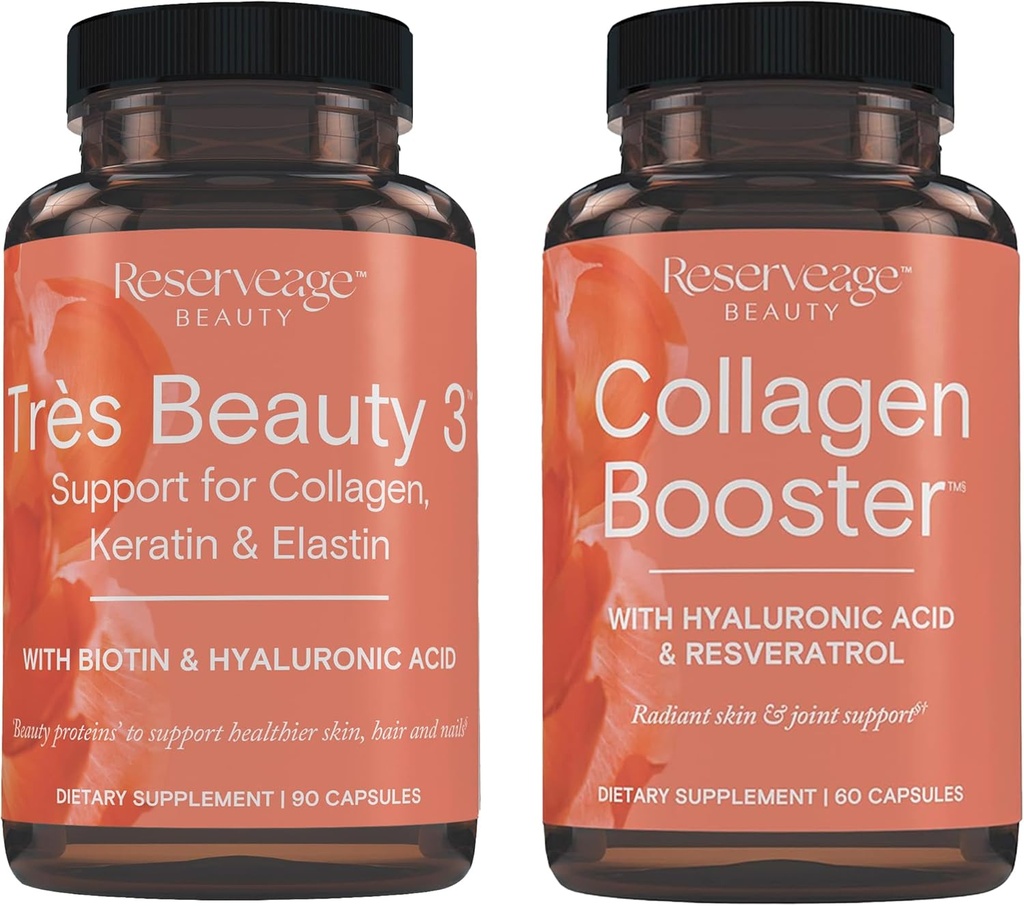Reserveage Beauty, Tres Beauty 3, Beauty Supplement for Hair Growth, Skin Care and Nail Care 90Caps & Collagen Booster, Collagen Supplement for Skin Care and Joint Health, Supports Healt 60Caps