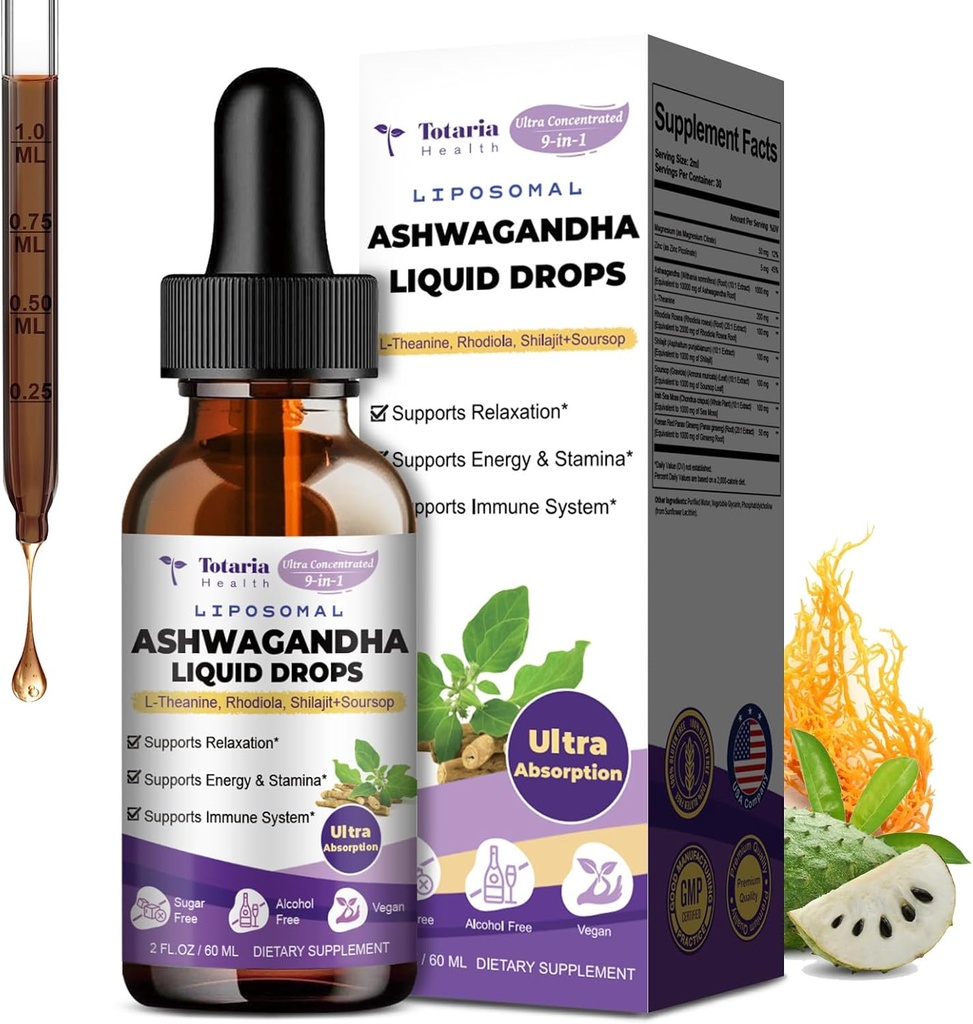 Totaria Liposomal Ashwagandha Liquid Drops, Ultra Strength Ashwa Root Extract Supplement with Shilajit, BTC, Magnezyum, Soursop, L-Theanine, 60 ml