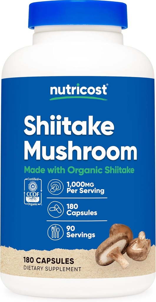 Nutricost Organic Shiitake Mushroom Caps 1000mg, 90 Servings - CCOF Certified Made with Organic, Vegetarian, Gluten Free, 500mg ανά κάψουλα, 180 κάψουλες