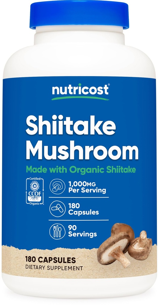 Nutricost Organik Shiitake Mushroom Capsules 1000 mg, 90 Hizmet - CCOF Organik, Vegetarian, Gluten Free, 500 mg Per Capsule, 180 Capsules