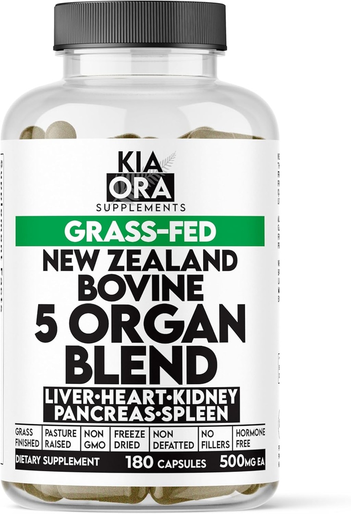 Grass Fed Bovine 5 Organ Kompleksi – Liver, Heart, Kidney, Spleen & Pancreas – Enerji için Freeze-Dried Glandular Supplement, Detox & Immune Support – 180 Capsules