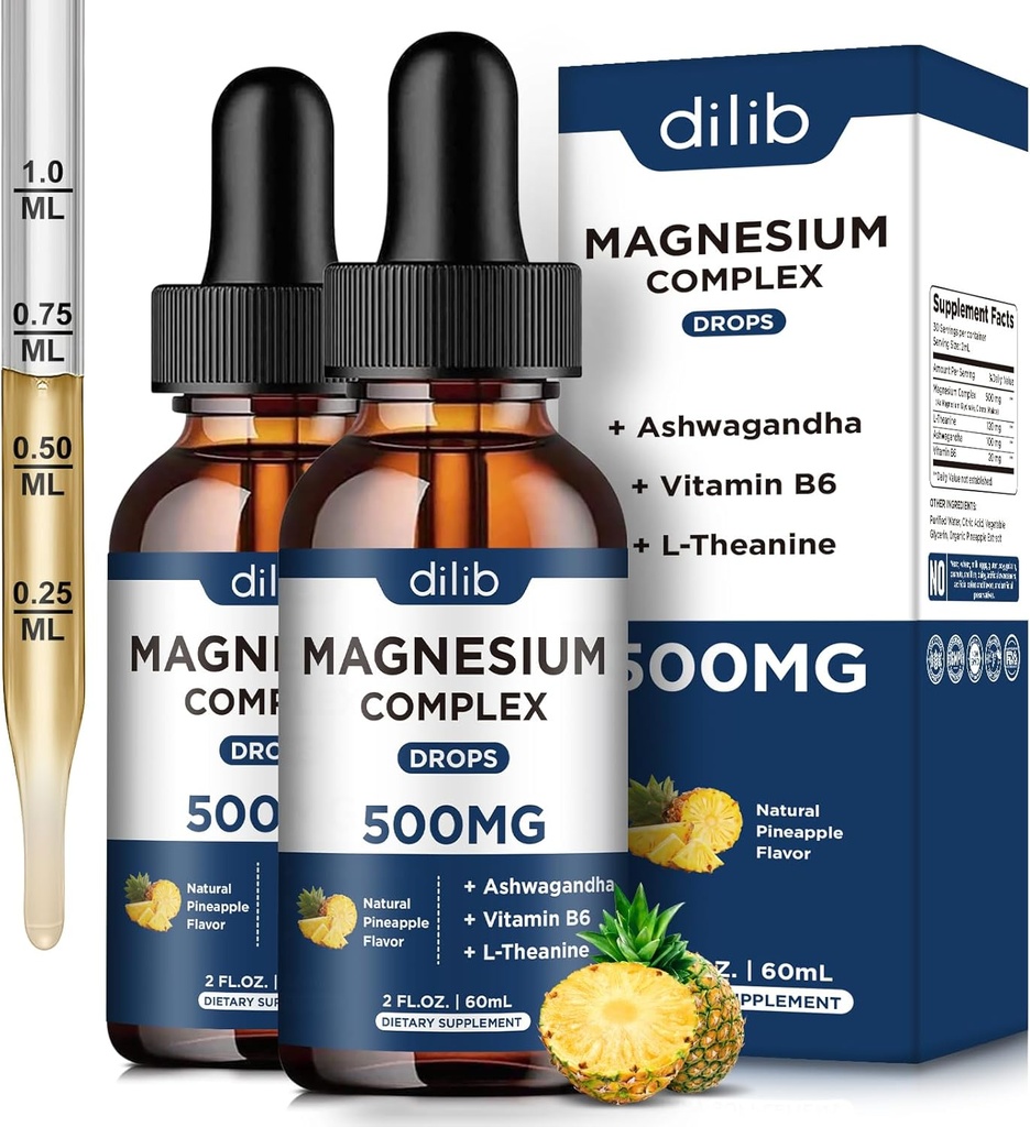Magnezyum Glycinate Liquid Drops 500 mg - Triple Magnezyum Kompleksi Citrate, Malate, Ashwagandha, L-Theanine, Vitamin B6 Uyku, Stres Yardımı, Kas, Pineapple Flavor 4 Fl Oz