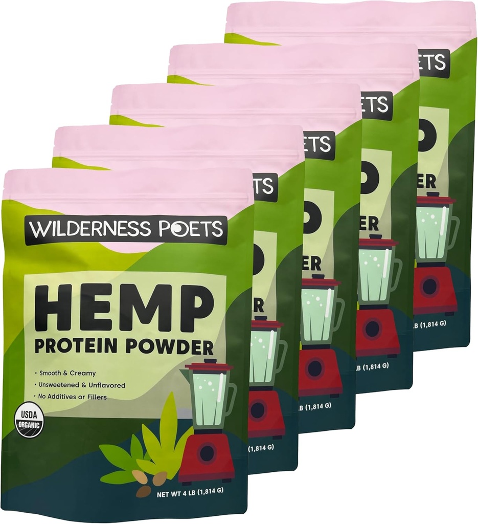 Wilderness Poets, Organik Hemp Protein Tozu - Vegan, Cold-Pressed, Plant bazlı Protein - 4 Pound (Paketi 5)