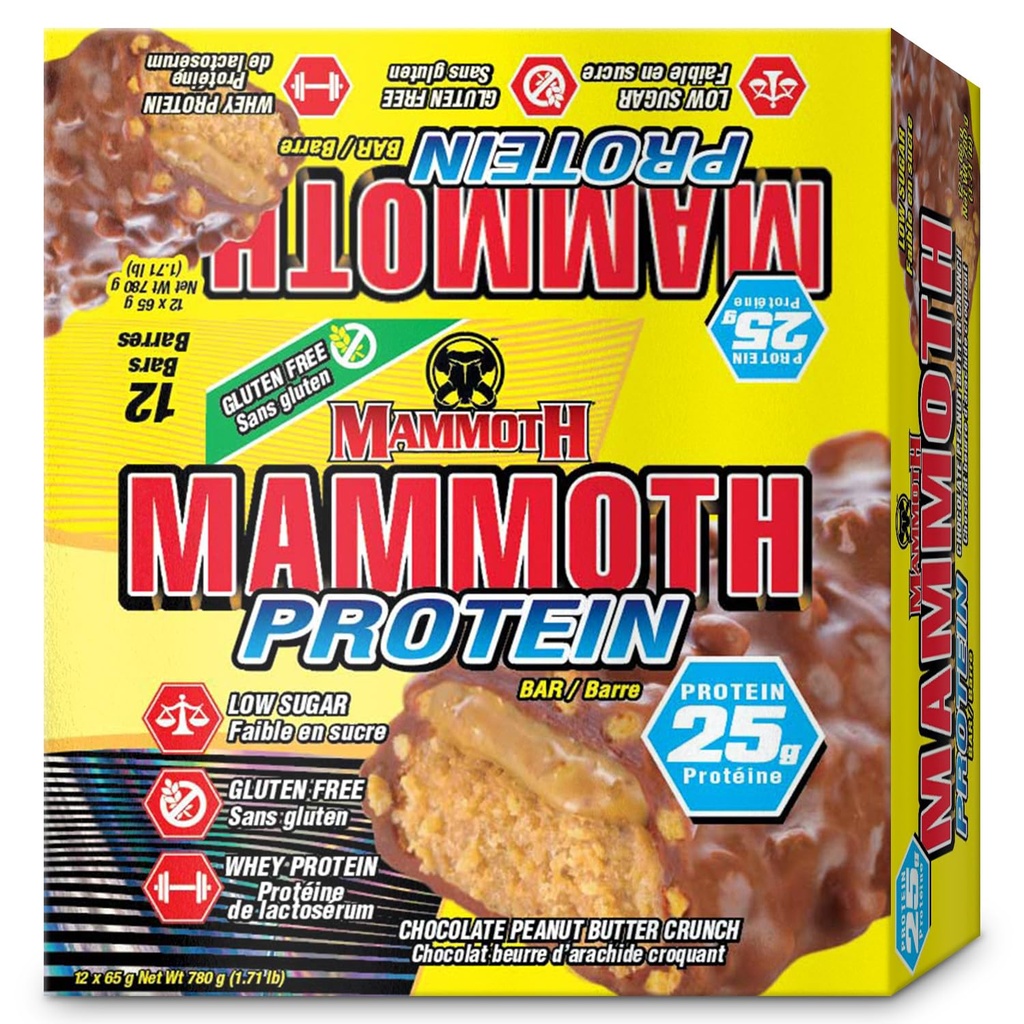 MAMMOTH Protein Bar, Chocolate Peanut Butter Crunch, 25g Protein, Low Sugar, Low Carb, Gluten Free, 12 x 65g (12) (Chotezar Peanut Butter Crunch) (12 Kont, Chocolate Peanut Butter Crunch)