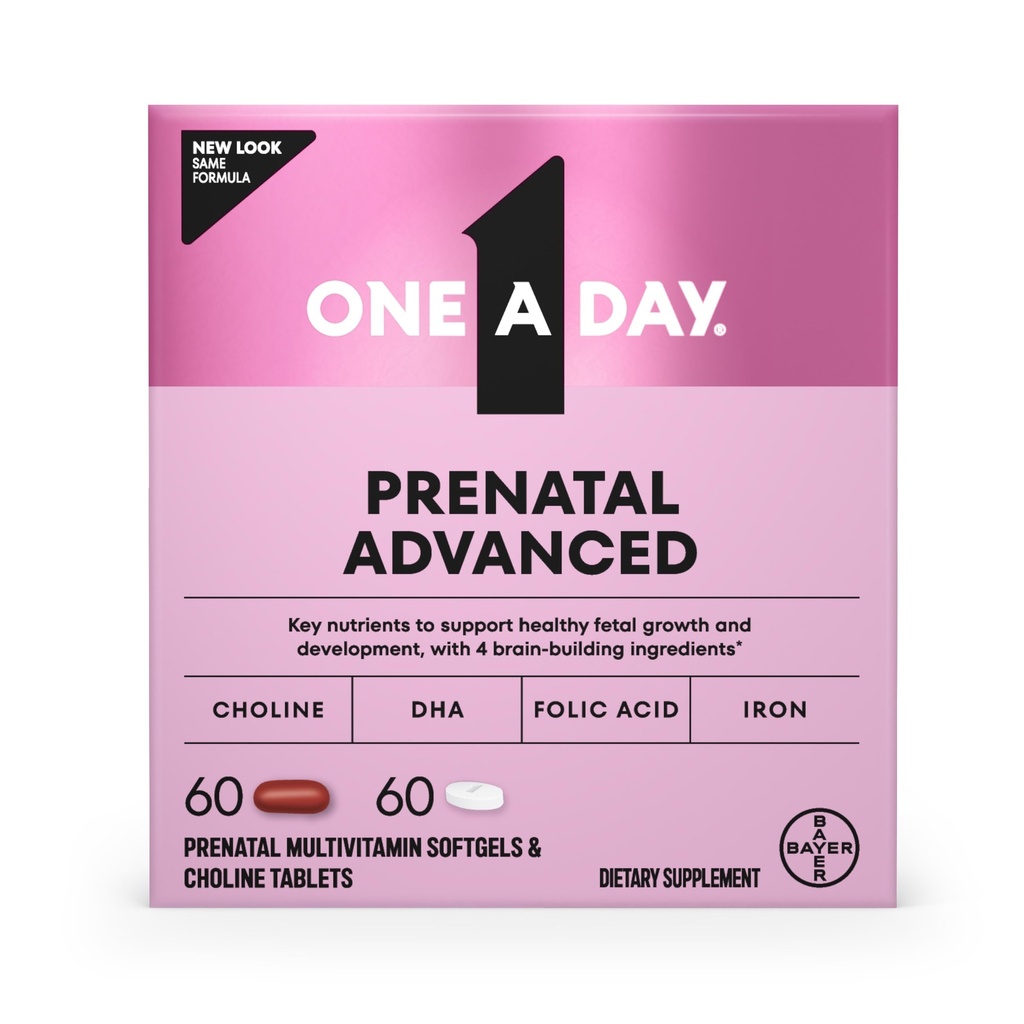 One A Day Prenatal Advanced- Prenatal Vitamins with Folic Acid, Choline, DHA & Iron, Women for Women to Support Baby's Development, 60+60 Ct (120 Total Set) (Pazar May Vary)