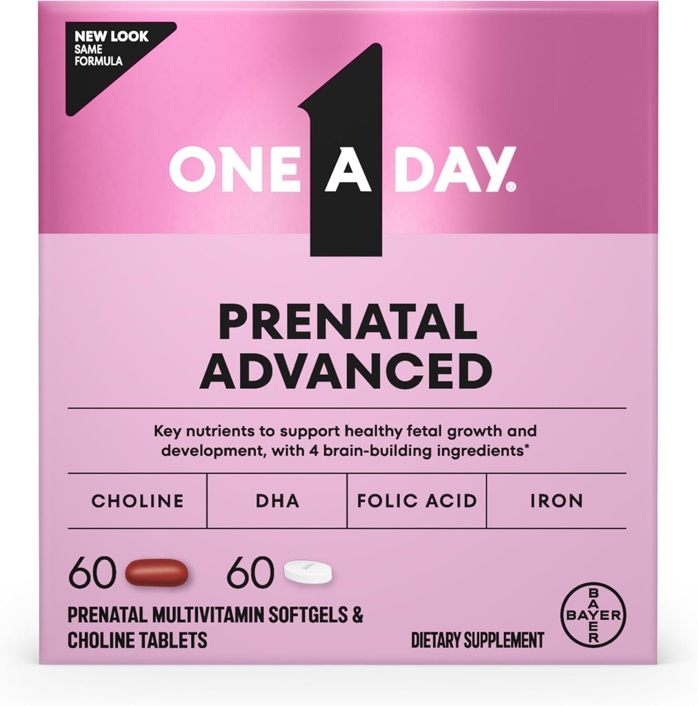 One A Day Prenatal Advanced- Prenatal Vitamins with Folic Acid, Choline, DHA & Iron, Women for Women to Support Baby's Development, 60+60 Ct (120 Total Set) (Pazar May Vary)