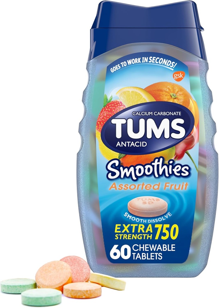 TUMS Smoothies Ekstra Güçlü Antacid Chewable Tabletler Kalpburnu Yardımı için, Assorted Meyve - 60 Kont (kısa 1)