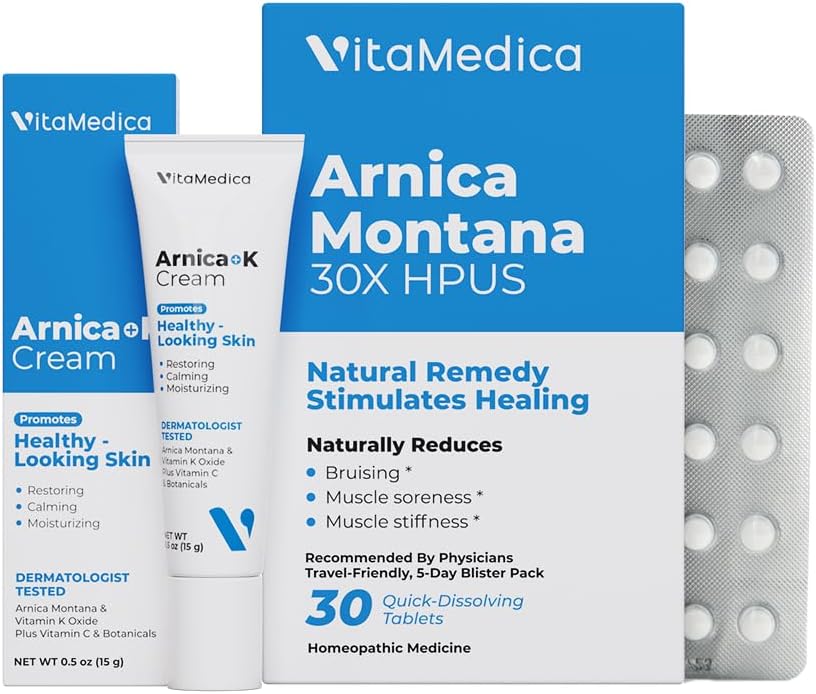 VitaMedica | Arnica Filler Kit Paket | Arnica Montana 30X FF + Arnica & Vitamin K Topical Cream | Vitamin K Topical Cream | Softens, Calms, Moisturizes, & Rest Bruized Skin | Recovery