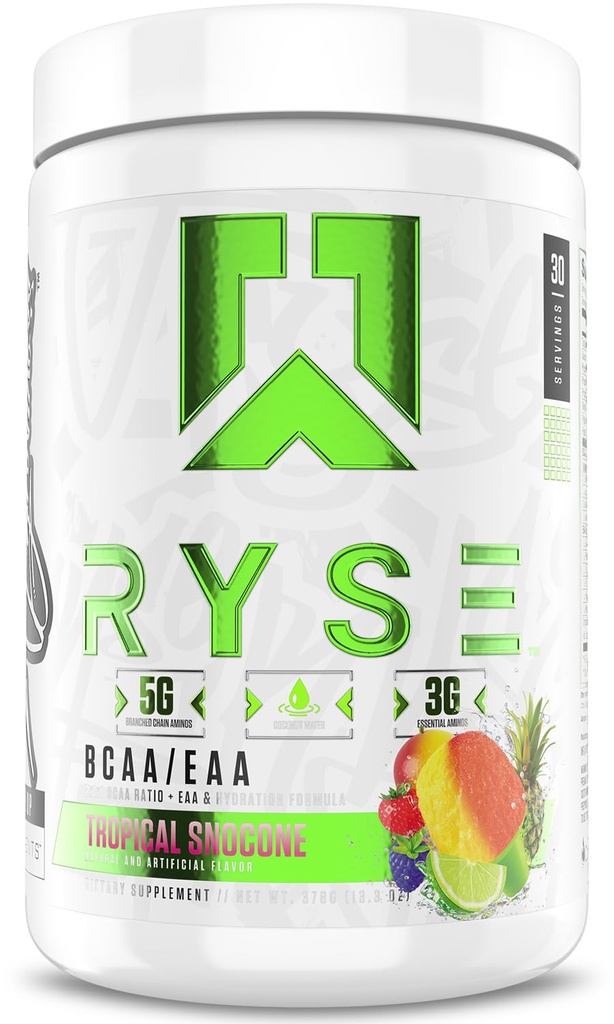 RYSE BCAA EAA Toz - Tropikal Snocone - 5g Branched Chain replicas, 3g Essential Reeses, Sugar-Free Electrolytes for Pre & Post Workout Muscle Recovery, Hydration and Strength - 30 Servisler