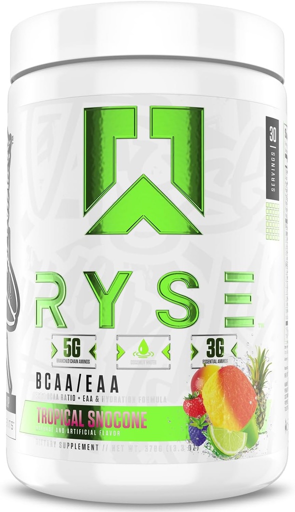 RYSE BCAA EAA Toz - Tropikal Snocone - 5g Branched Chain replicas, 3g Essential Reeses, Sugar-Free Electrolytes for Pre & Post Workout Muscle Recovery, Hydration and Strength - 30 Servisler
