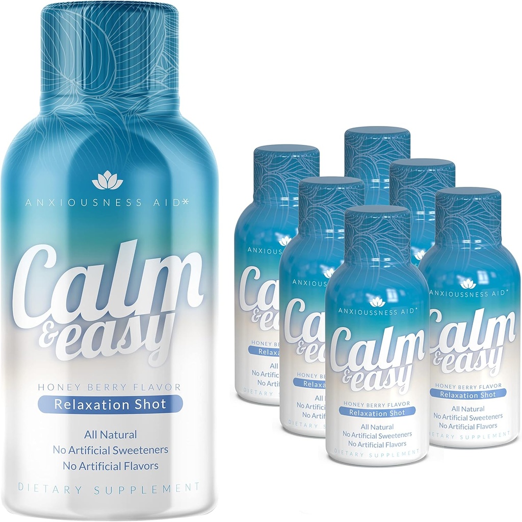 Calm & Easy - Doğal Stres Yardımı Shot, KSM-66 Ashwagandha, Suntheanine L Theanine, Calming Adaptogen Drink, Relaxation, Focus, and Mood | 2 oz Liquid Şişe (6 Pack)