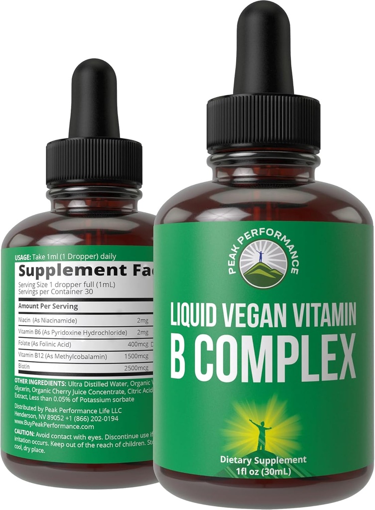 B Complex Liquid Drops Vegan Supplement. B3 Niacin, B6, B7 Biotin, B9 Folate, Mecobalamin B12. B-Complex For Hair, Skin Nails, Energy. Yetişkinler için, Erkekler, Kadınlar