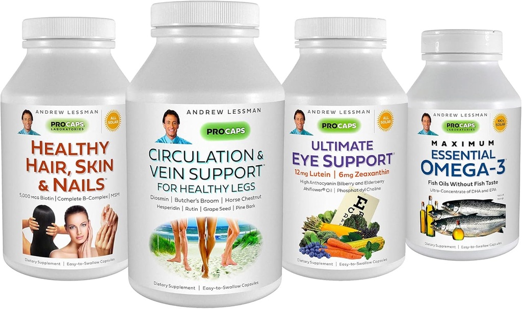 ANDREW LESSMAN 4 Προϊόντα Αγαπημένα Πελατών Bundle - 30 Count Each of Circulation & Vein Support, Healthy Hair, Skin and Nails, Ultimate Eye Support, and Maximum Essential Omega-3 (Orange)