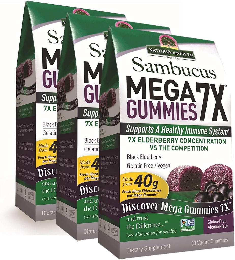 Nature's Answer Sambucus Mega Gummies | 7X More Elderberry Concentration | Alkol-Free, Gluten-Free, Gelatin-Free, Vegan, Non-GMO & No Preservatives | 30ct Gummies (Pack of 3)