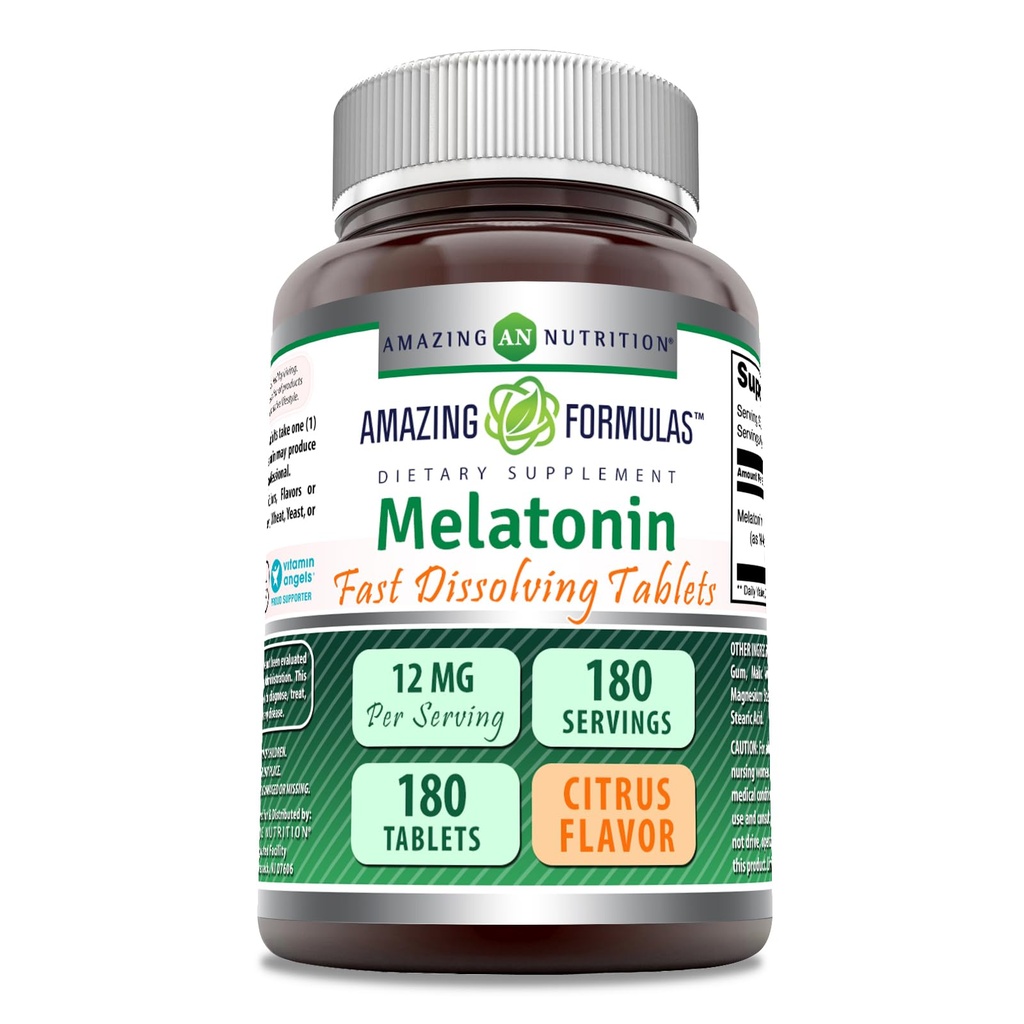 Amazing Formulas Melatonin Fast Dis deploy Supplement | Citrus Flavor | 12 Mg Per | 180 Tablet | Non-GMO | Gluten-Free | Made in USA