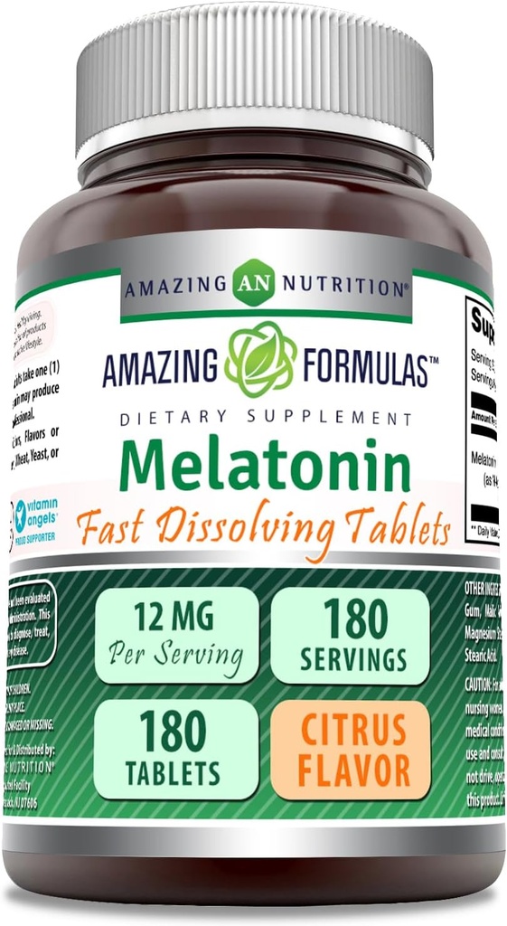 Amazing Formulas Melatonin Fast Dis deploy Supplement | Citrus Flavor | 12 Mg Per | 180 Tablet | Non-GMO | Gluten-Free | Made in USA