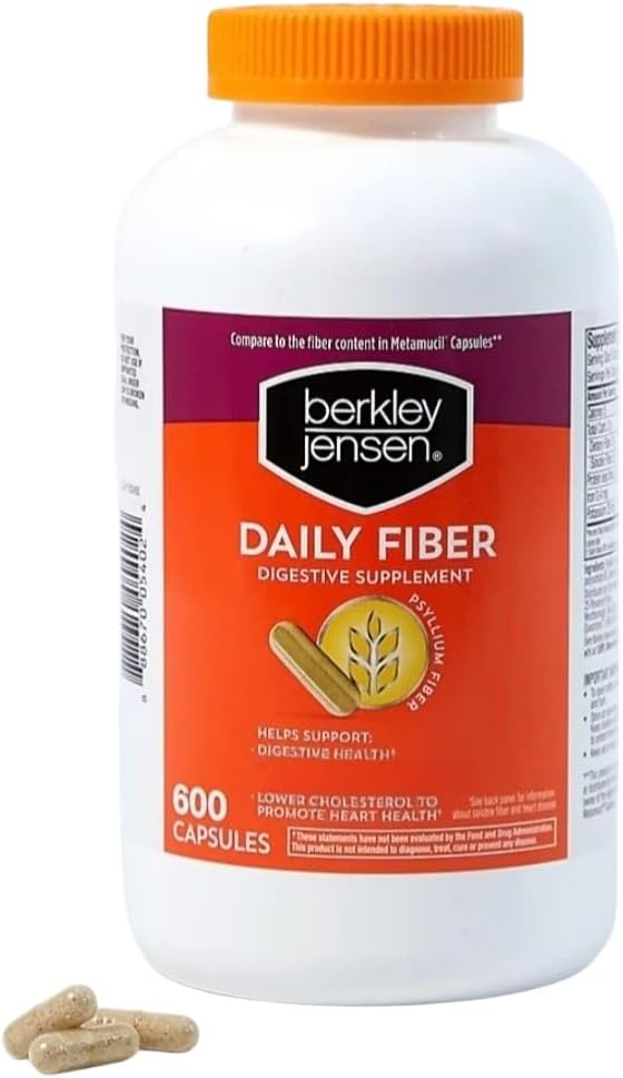 Berkley Jensen Daily Psyllium Husk Supplement (600 - Count), Φυσικές Ίνες για Άνδρες & Γυναίκες - Κάψουλες Ίνες για Συνολική Πεποίθηση Υγείας, Δυσκοιλιότητα, Βοηθητική Απορρόφηση θρεπτικών ουσιών, Κατασκευασμένο στις ΗΠΑ