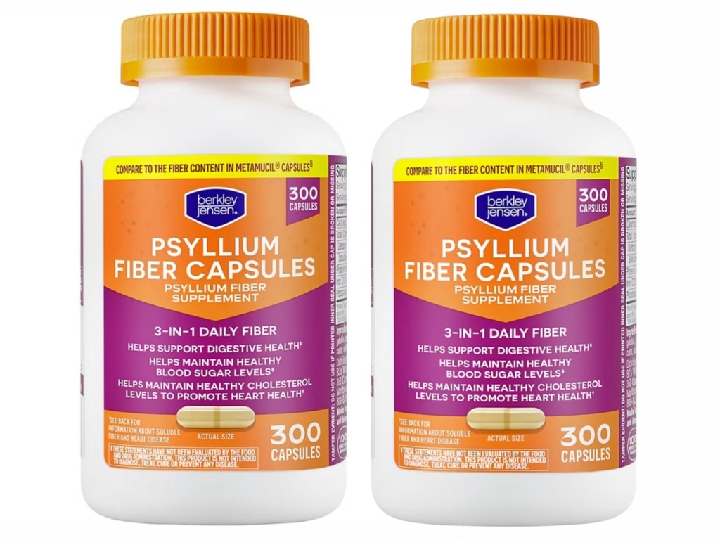 Berkley Jensen Daily Psyllium Husk Supplement (600 - Kont), Erkekler ve Kadınlar için Doğal Fiber Capsules - Total Digestive Health, Easing Constipation, Aiding Nutrient Abxia, Made in USA