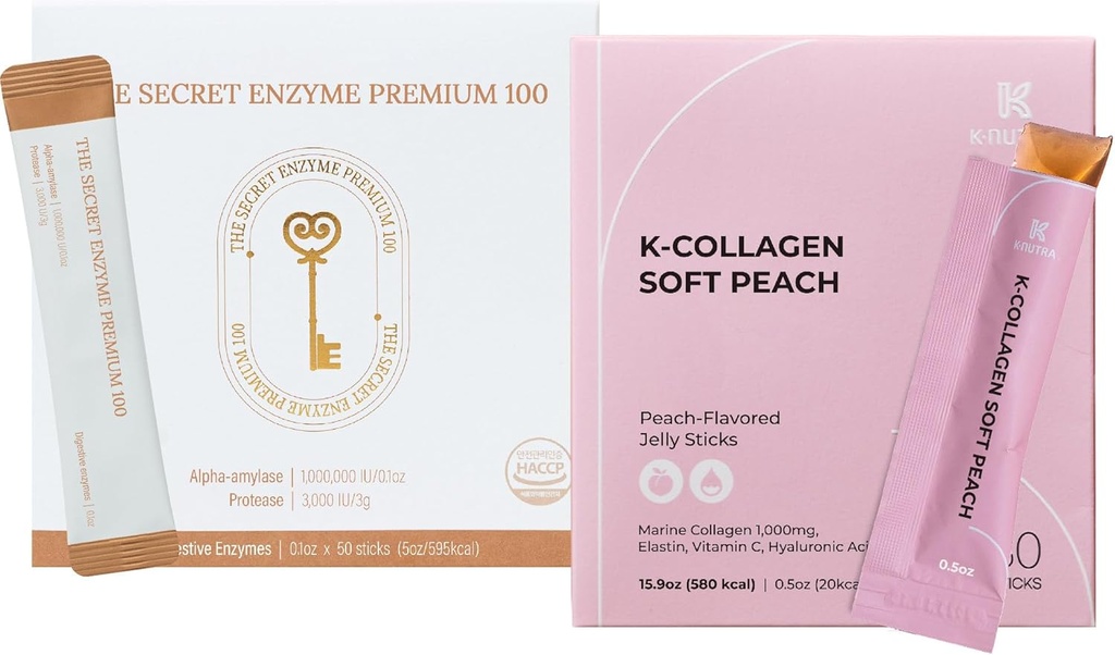 The Secret Enzyme Premium 100 (50 Sticks) & K-Collagen Soft Peach Collagen Jelly (30 Sticks) for Digestive Health, Skin Health,