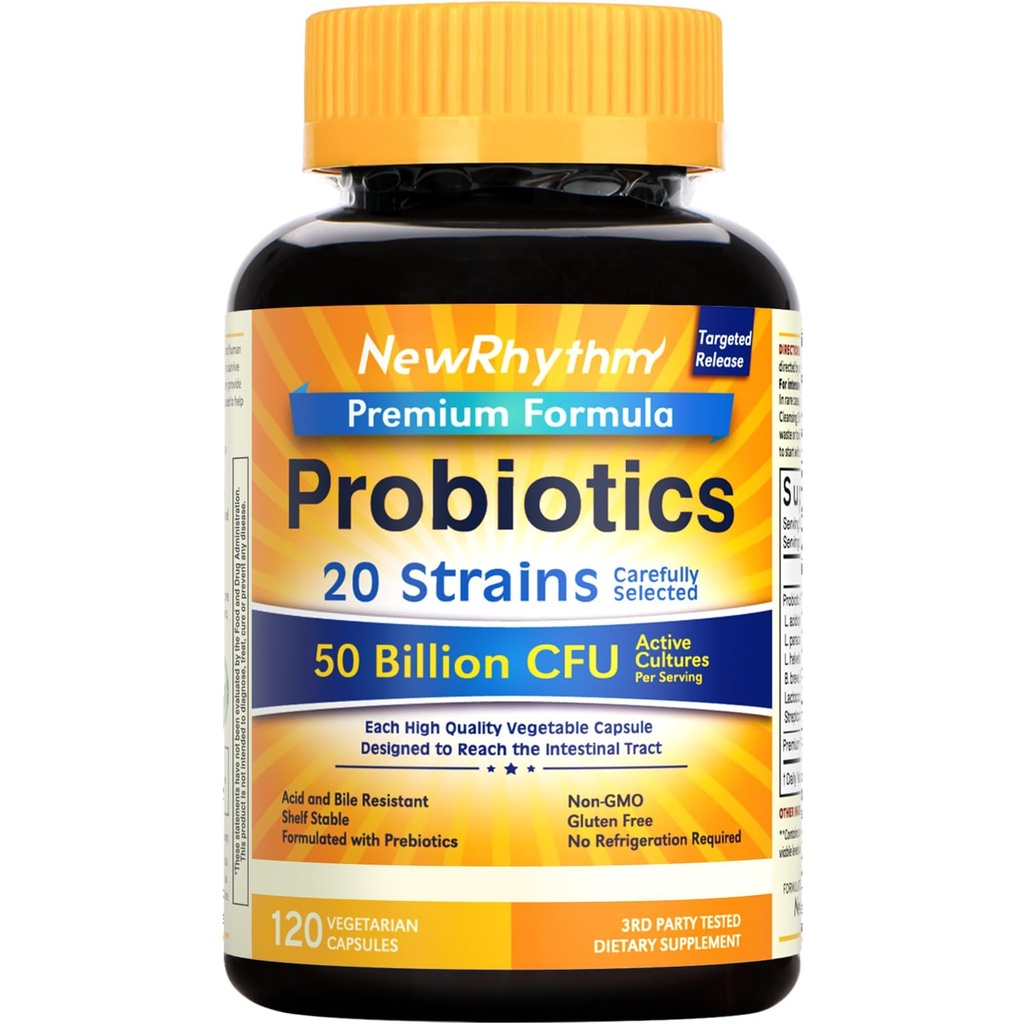 NewRhythm Probiyotiks 50 Milyar CFU 20 Strains, 120 Veggie Capsules, Hedefli Yayın Teknolojisi, Stomach Asit Dayanıklı, 1, Non-GMO, Gluten Free
