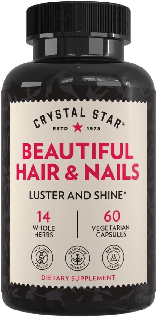 Crystal Star Beautiful Hair & Nail Supplement (60 Capsules) – Herbal Supplement Supports ener Güçlü Saç & Nails – Attail, Nettle & Alfalfa – Non-GMOMOMO
