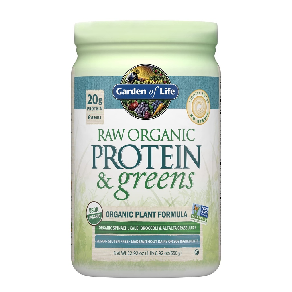 Life Raw Organic protein & Greens Lightly Sweet, Vegan protein Toz for Women and Men, Plant and Pea protein, Greens, Probiyotiks, Gluten Free Low Carb Shake Made Without Dairy 20 Services